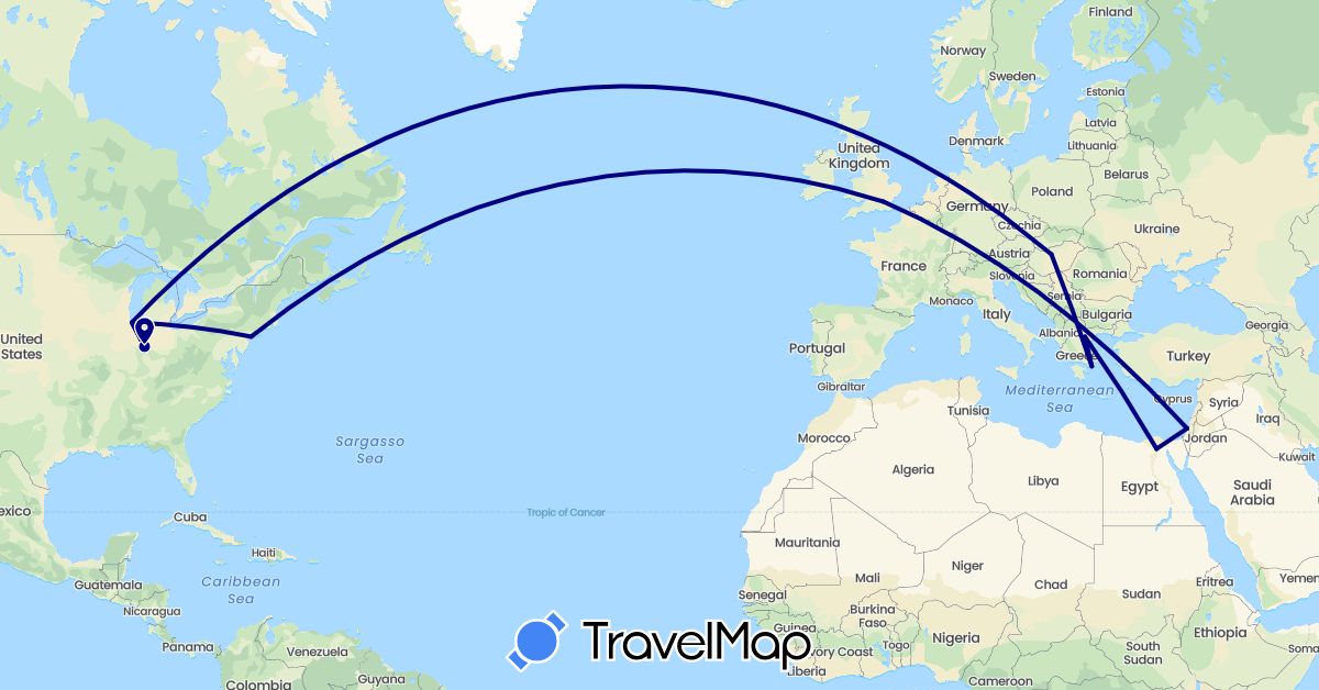 TravelMap itinerary: driving in Egypt, United Kingdom, Greece, Hungary, Israel, United States (Africa, Asia, Europe, North America)